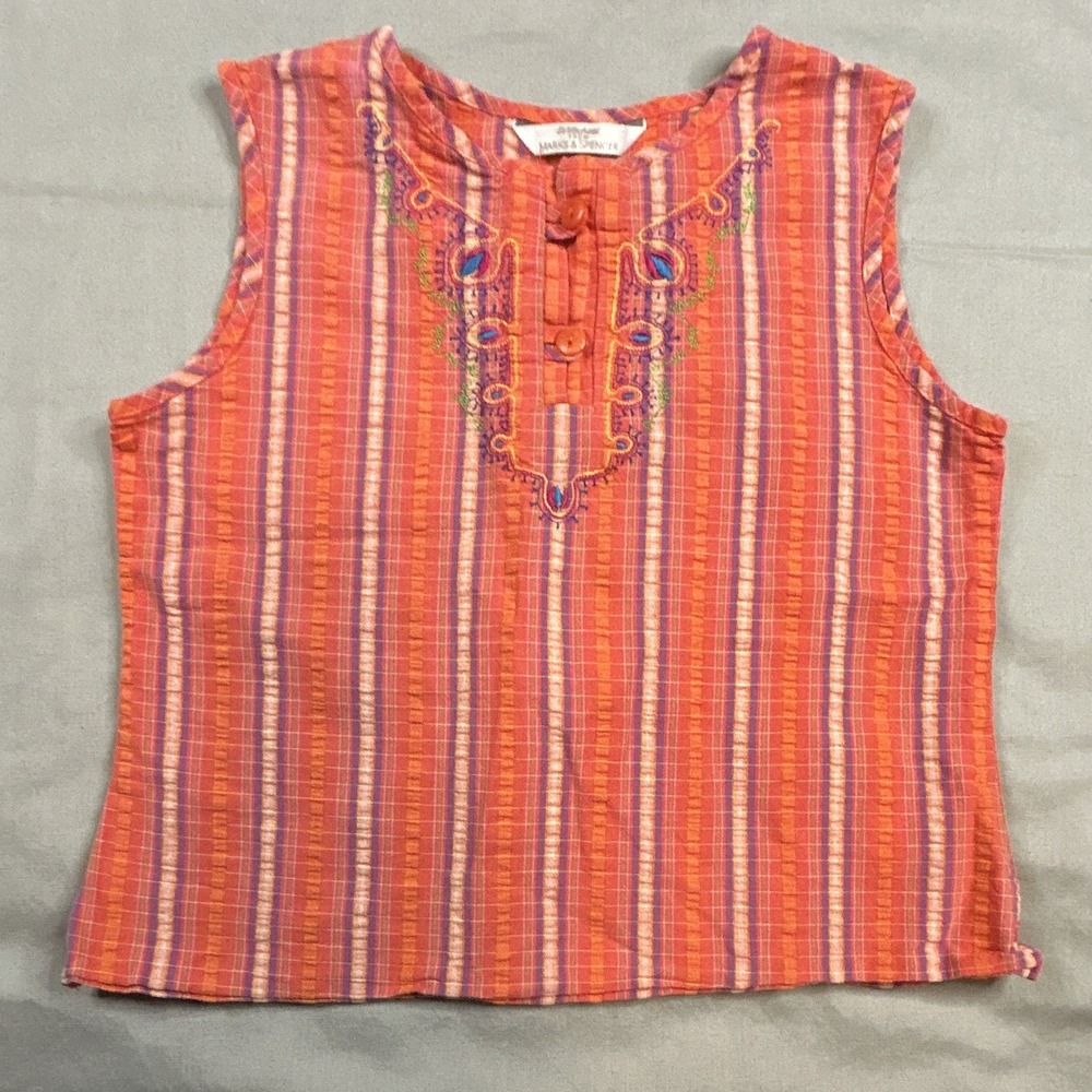 Marks & Spencer Girls size 9 Striped Embroidered Sleeveless Cotton Blouse Orange